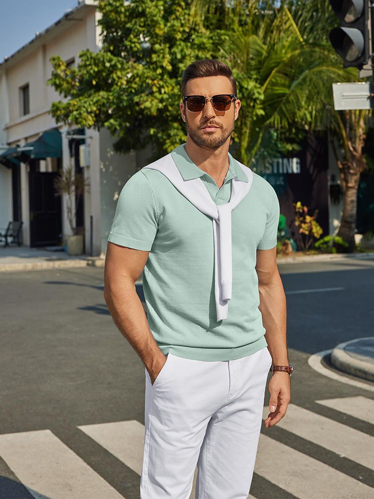 Men's V Neck Short Sleeve Stretch Silk Knit Polo Shirt