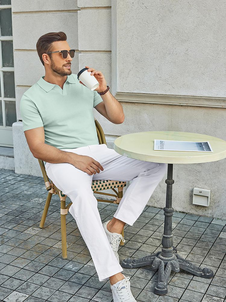 Men's V Neck Short Sleeve Stretch Silk Knit Polo Shirt