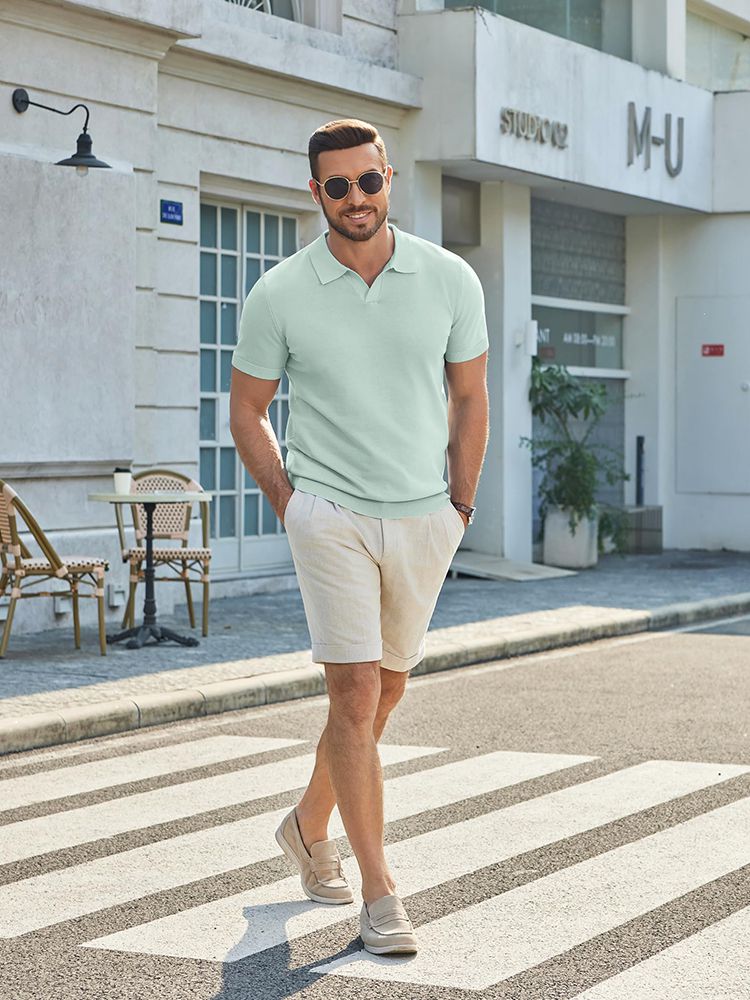 Men's V Neck Short Sleeve Stretch Silk Knit Polo Shirt