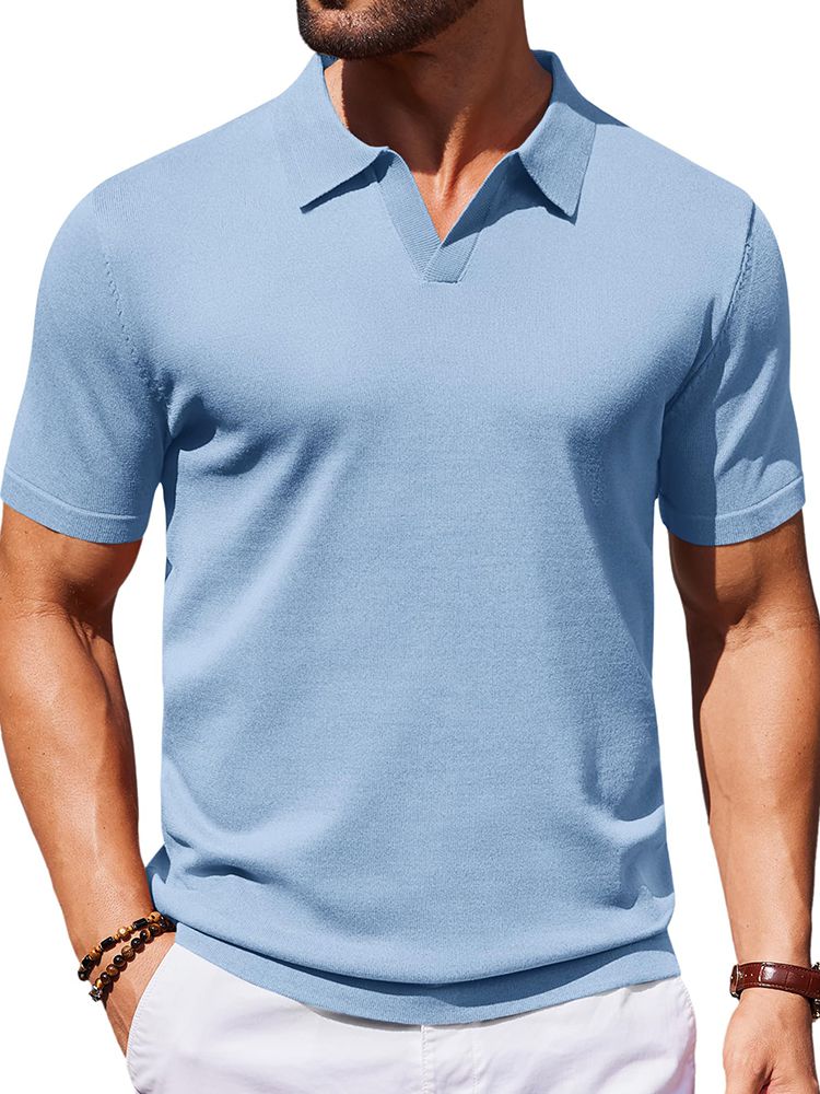 Men's V Neck Short Sleeve Stretch Silk Knit Polo Shirt