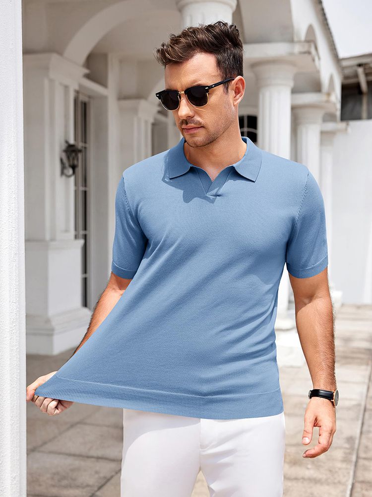Men's V Neck Short Sleeve Stretch Silk Knit Polo Shirt