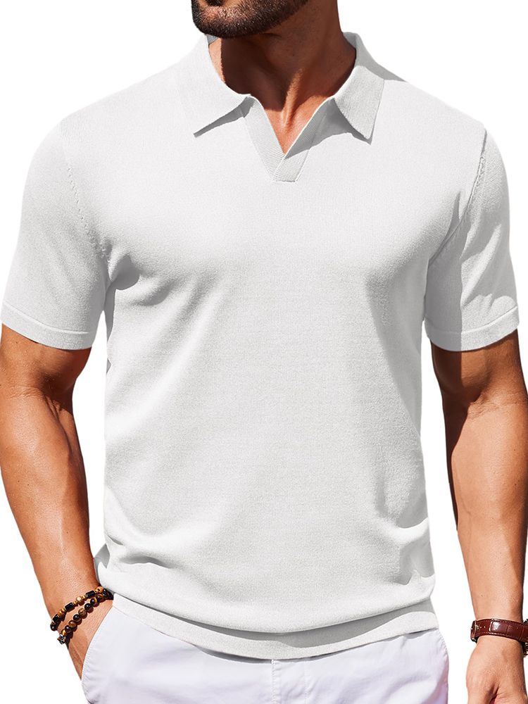 Men's V Neck Short Sleeve Stretch Silk Knit Polo Shirt