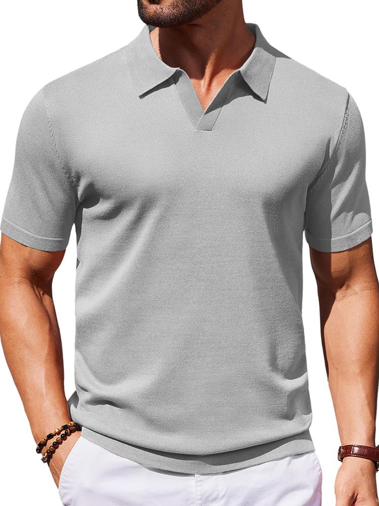 Men's V Neck Short Sleeve Stretch Silk Knit Polo Shirt