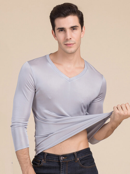 Mens Silk Knit V-neck Long-sleeved Bottoming Shirts