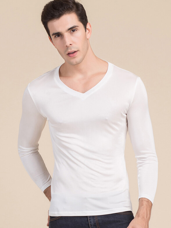 Mens Silk Knit V-neck Long-sleeved Bottoming Shirts