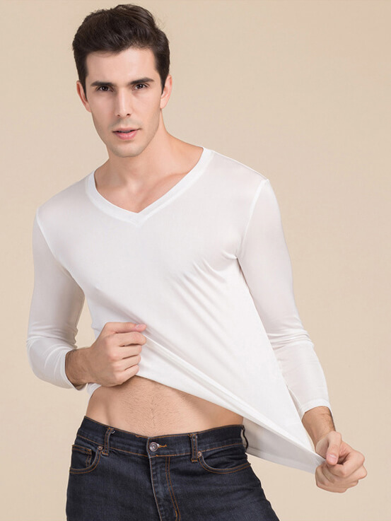 Mens Silk Knit V-neck Long-sleeved Bottoming Shirts