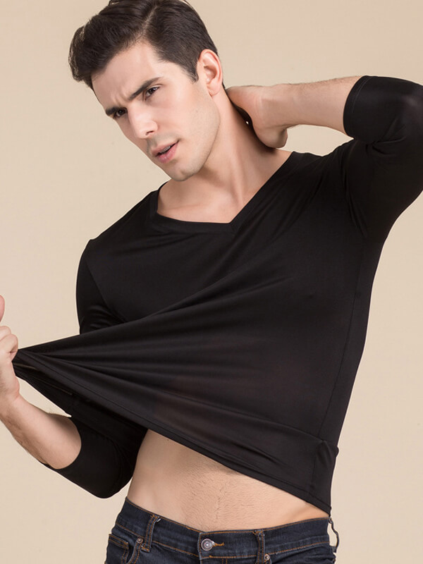 Mens Silk Knit V-neck Long-sleeved Bottoming Shirts