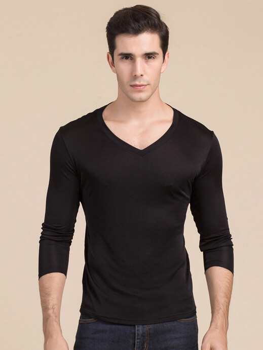Mens Silk Knit V-neck Long-sleeved Bottoming Shirts