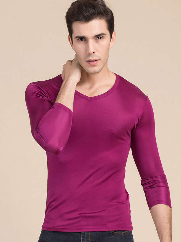 Mens Silk Knit V-neck Long-sleeved Bottoming Shirts