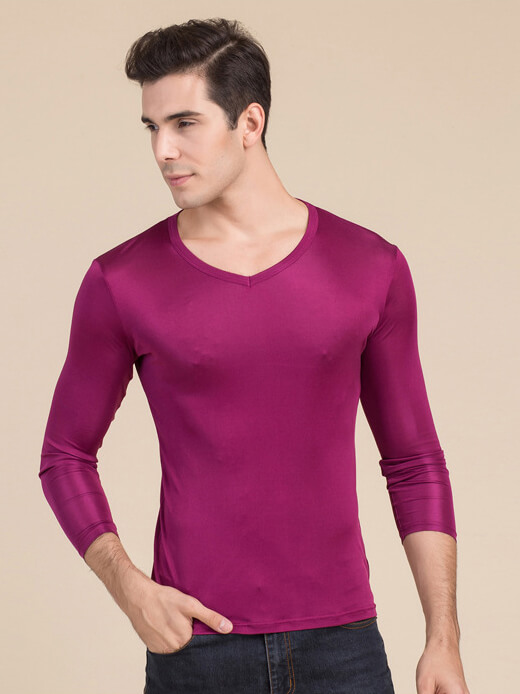 Mens Silk Knit V-neck Long-sleeved Bottoming Shirts