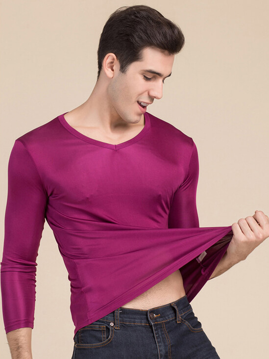 Mens Silk Knit V-neck Long-sleeved Bottoming Shirts
