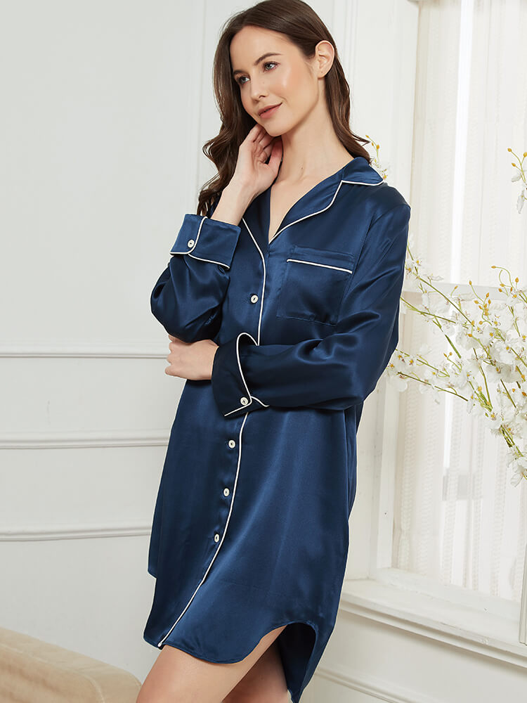 22 Momme Luxurious Roll Cuff Silk Button-Down Nightshirt