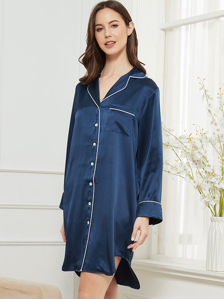 22 Momme Luxurious Roll Cuff Silk Button-Down Nightshirt