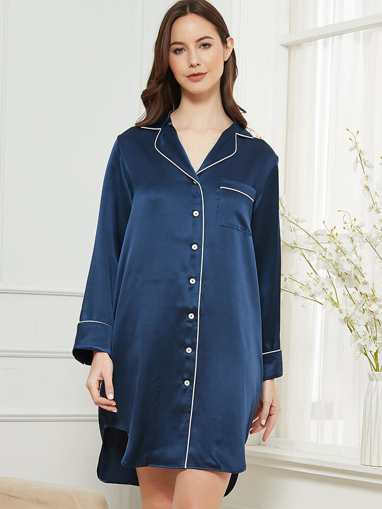22 Momme Luxurious Roll Cuff Silk Button-Down Nightshirt