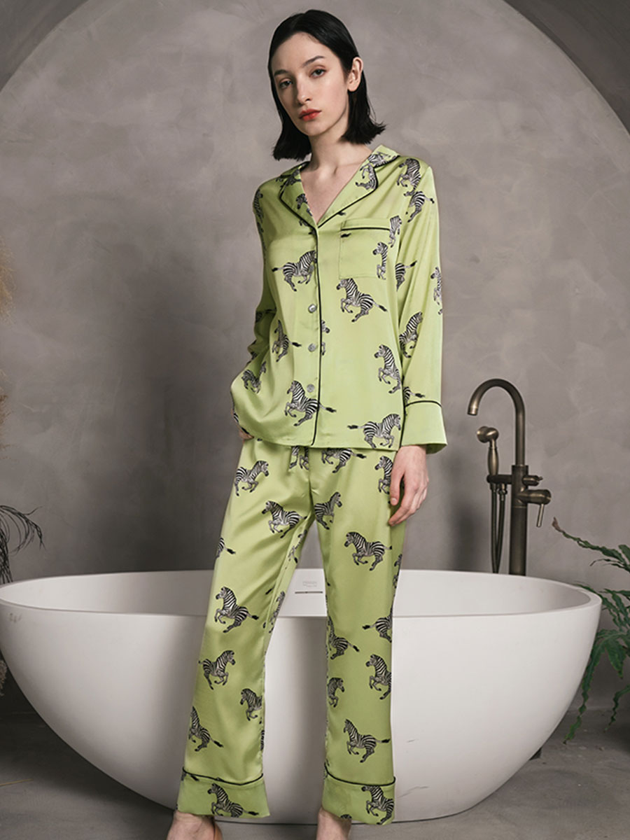 22 Momme Zebra Printed Green Silk Pajama Set with Black Trimming