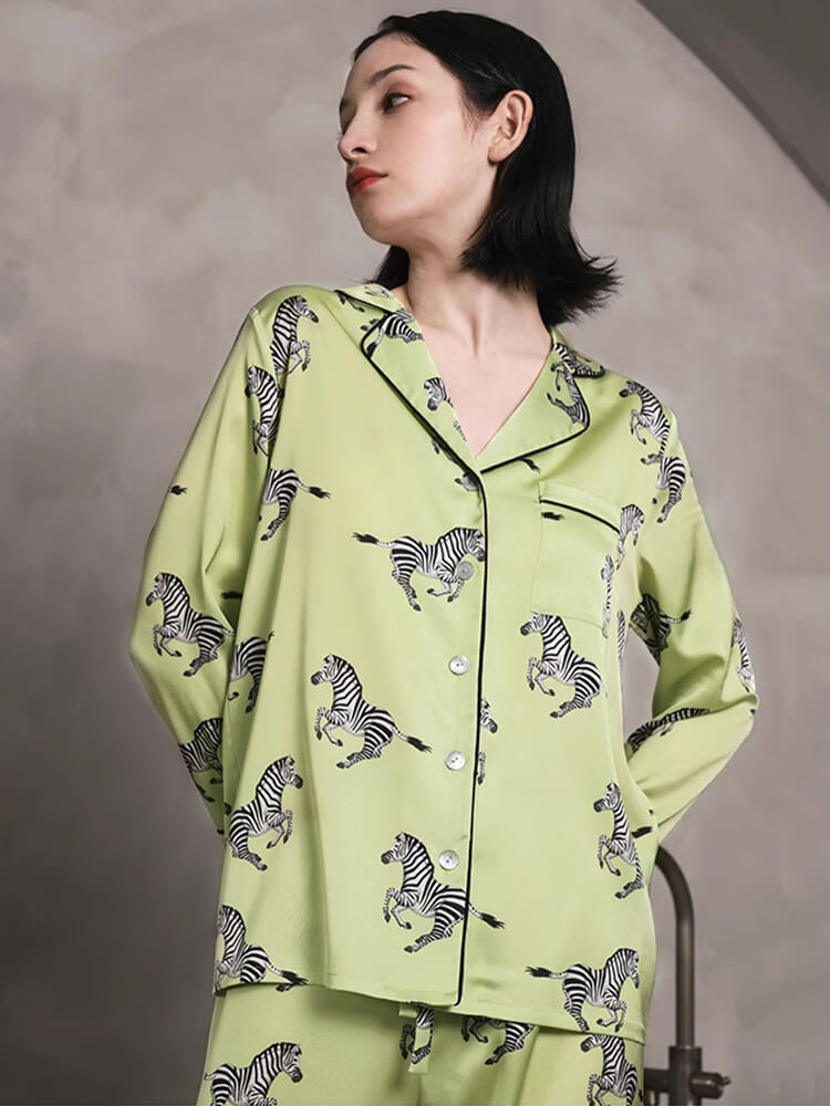 22 Momme Zebra Printed Green Silk Pajama Set with Black Trimming