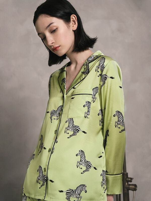 22 Momme Zebra Printed Green Silk Pajama Set with Black Trimming