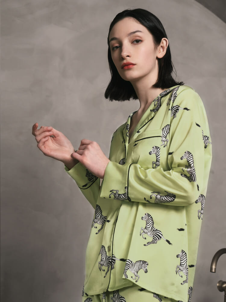 22 Momme Zebra Printed Green Silk Pajama Set with Black Trimming