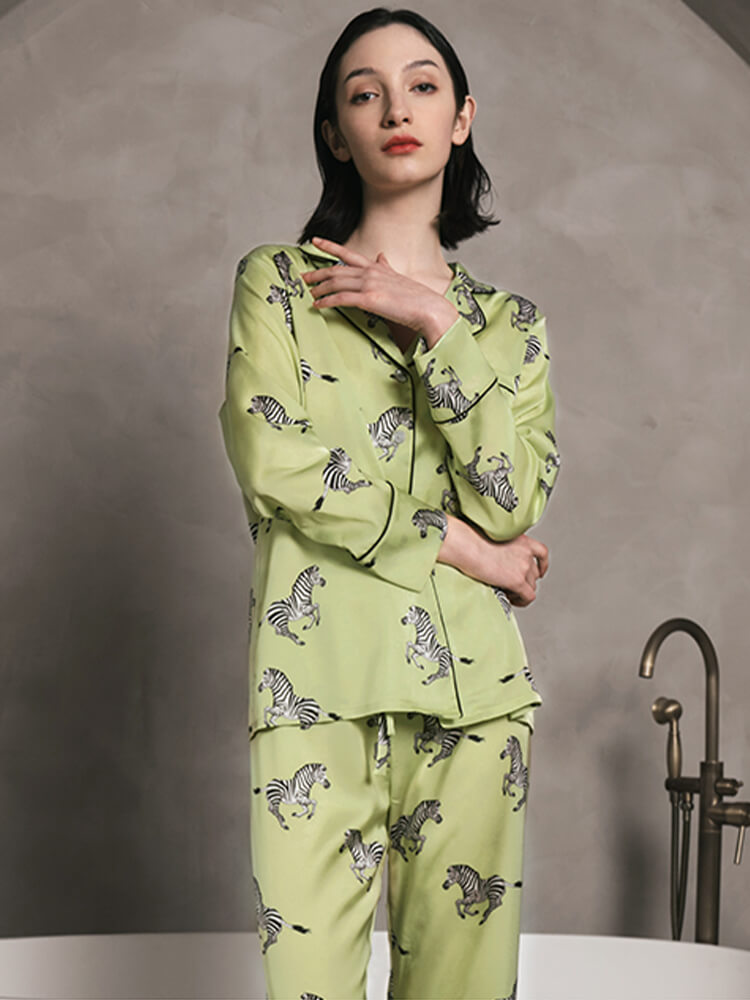 22 Momme Zebra Printed Green Silk Pajama Set with Black Trimming