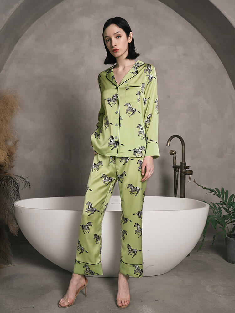 22 Momme Zebra Printed Green Silk Pajama Set with Black Trimming