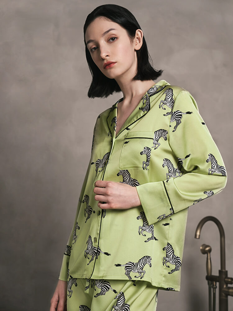 22 Momme Zebra Printed Green Silk Pajama Set with Black Trimming