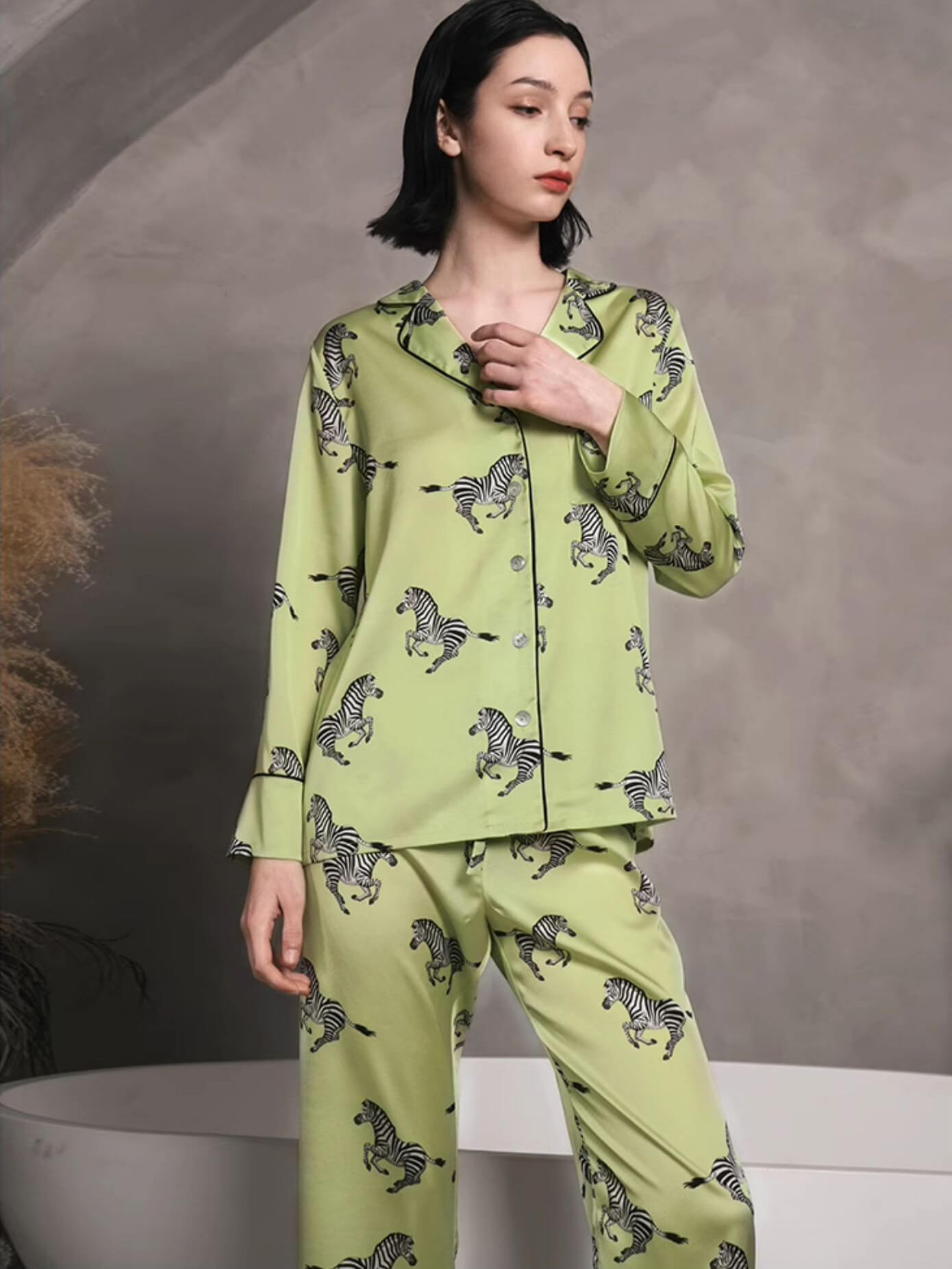 22 Momme Zebra Printed Green Silk Pajama Set with Black Trimming