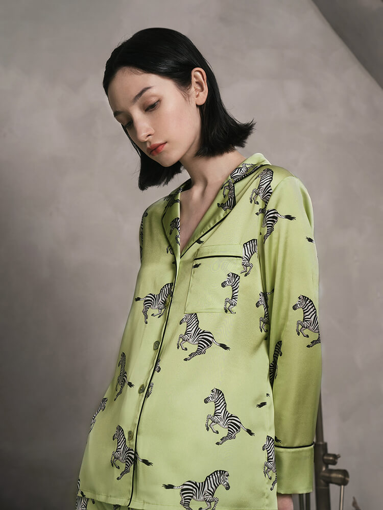 22 Momme Zebra Printed Green Silk Pajama Set with Black Trimming