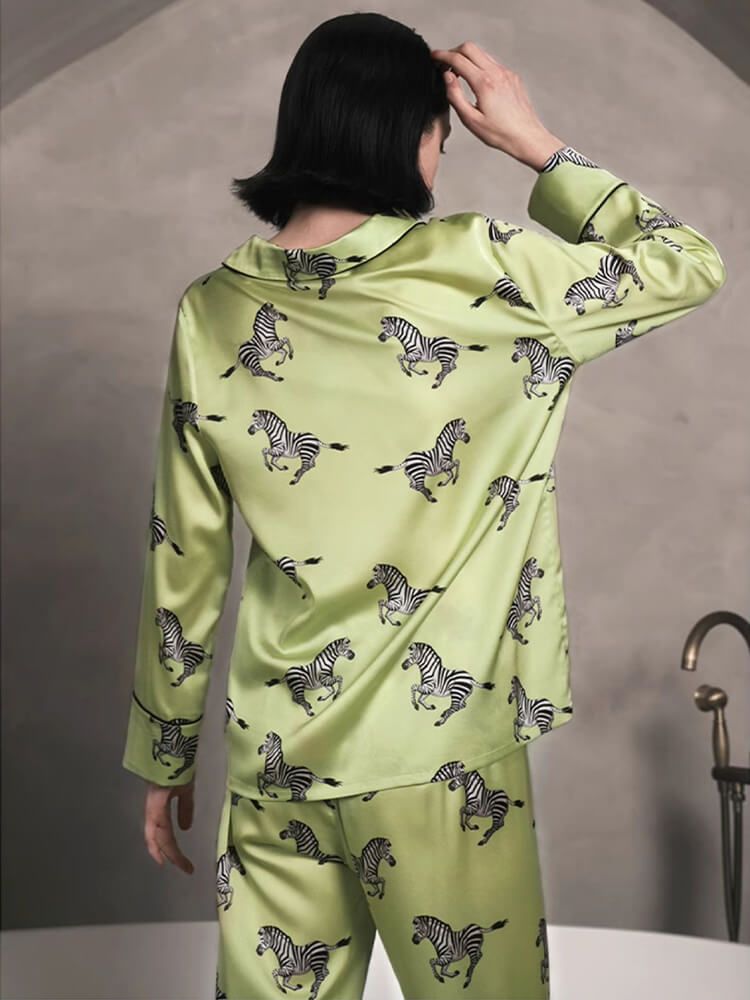 22 Momme Zebra Printed Green Silk Pajama Set with Black Trimming