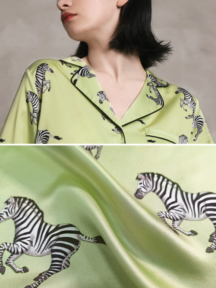 22 Momme Zebra Printed Green Silk Pajama Set with Black Trimming