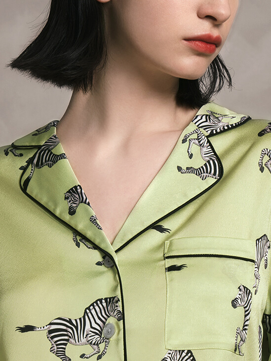 22 Momme Zebra Printed Green Silk Pajama Set with Black Trimming