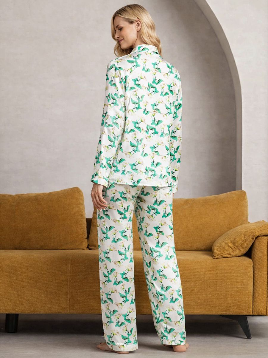 22 Momme Green Leaf Print Women Long White Silk Pajama Set