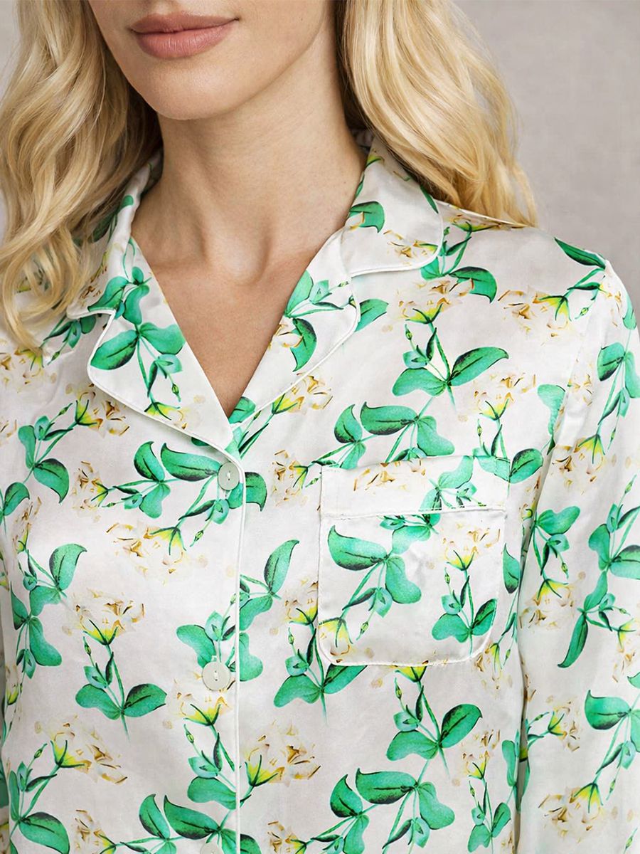 22 Momme Green Leaf Print Women Long White Silk Pajama Set