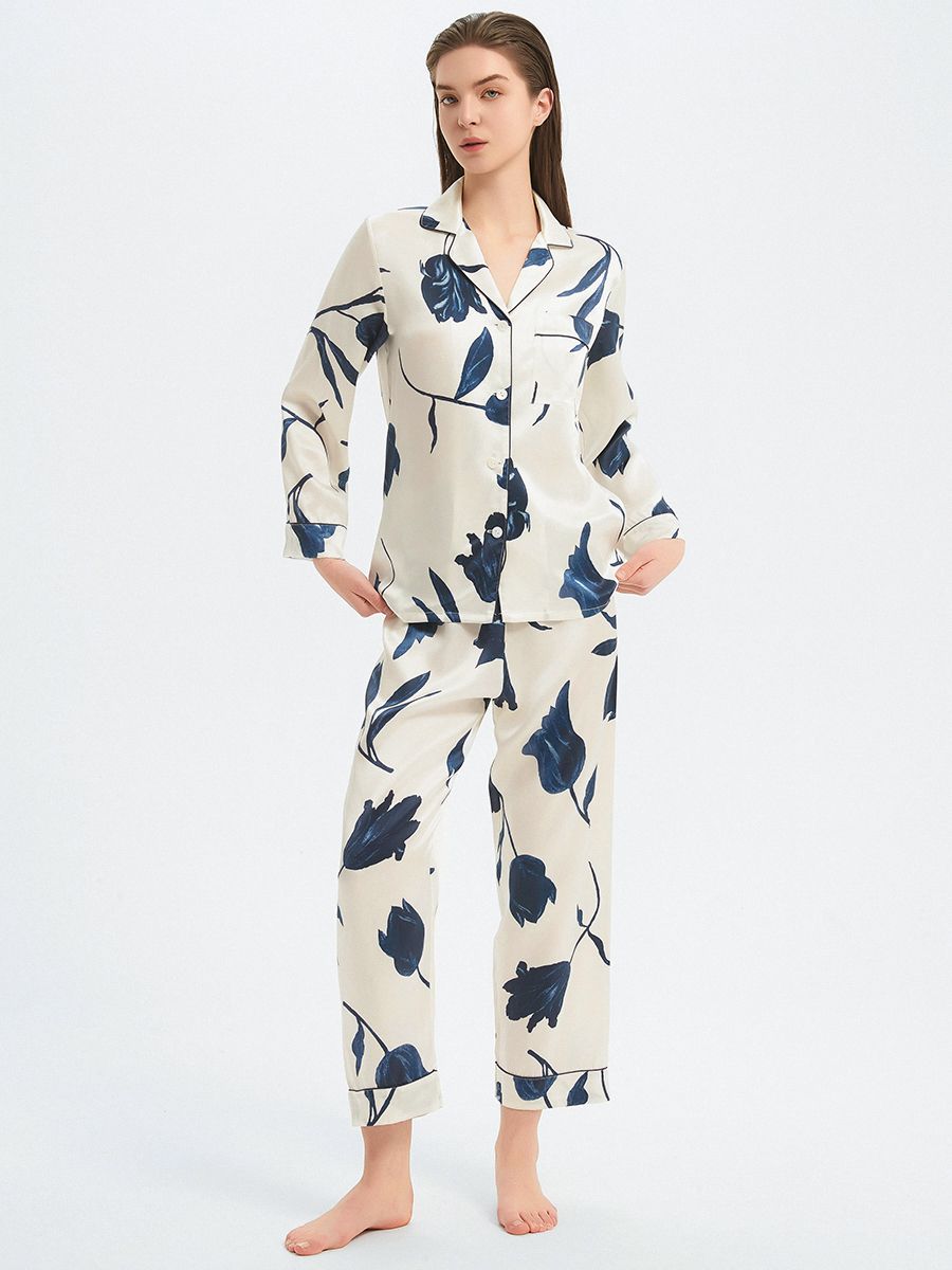 22 Momme Elegant Ivory Tulip Print Mulberry Silk Pajama Set
