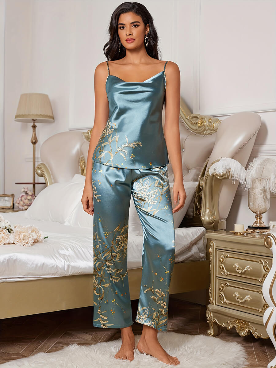22 Momme Floral Printed Women Silk Cowl Neck Camisole Pajama Set