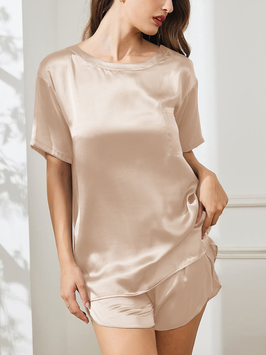 22 Momme Two-Piece Crewneck Silk T-Shirt and Pajama Shorts Set