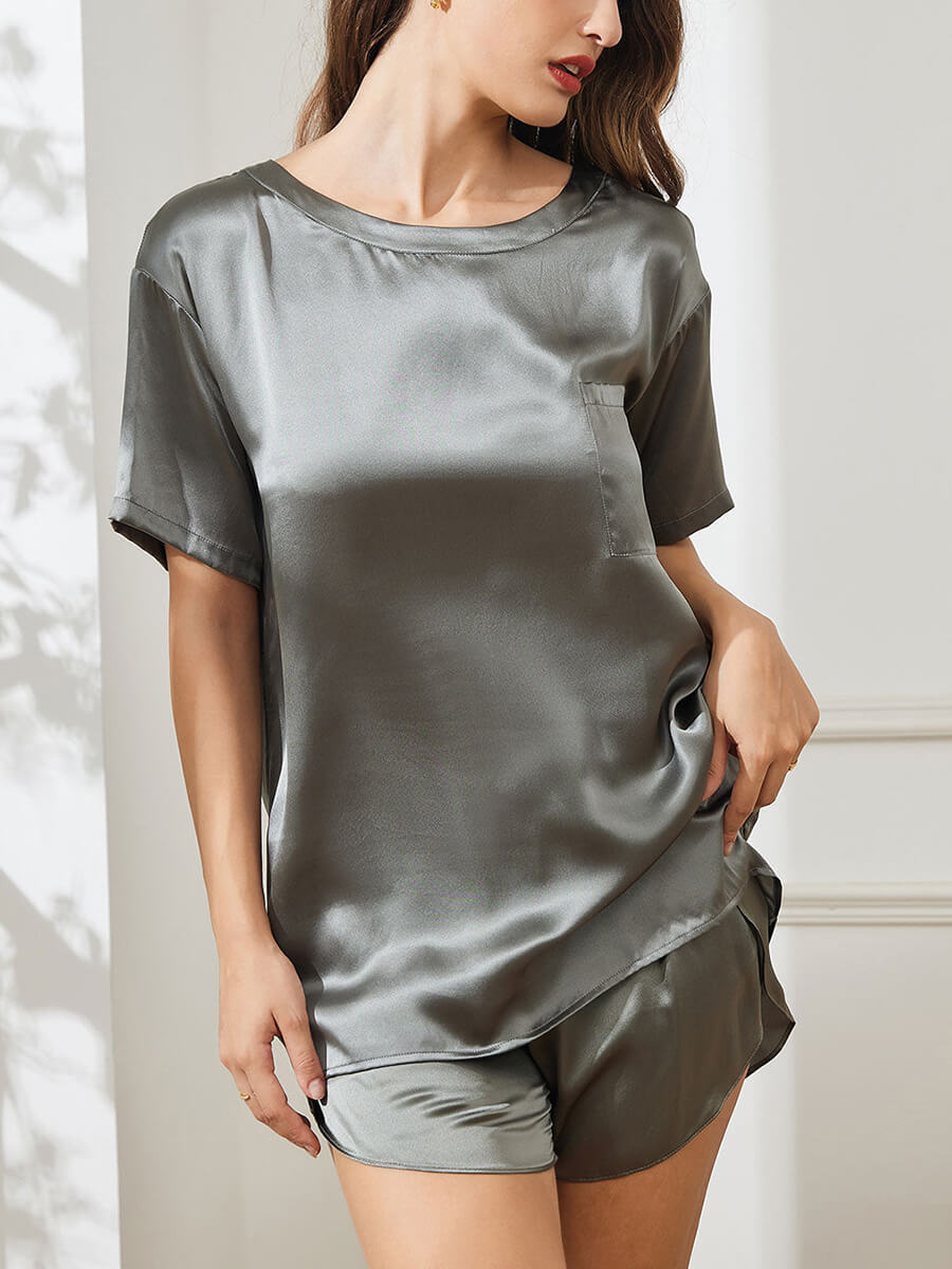 22 Momme Two-Piece Crewneck Silk T-Shirt and Pajama Shorts Set