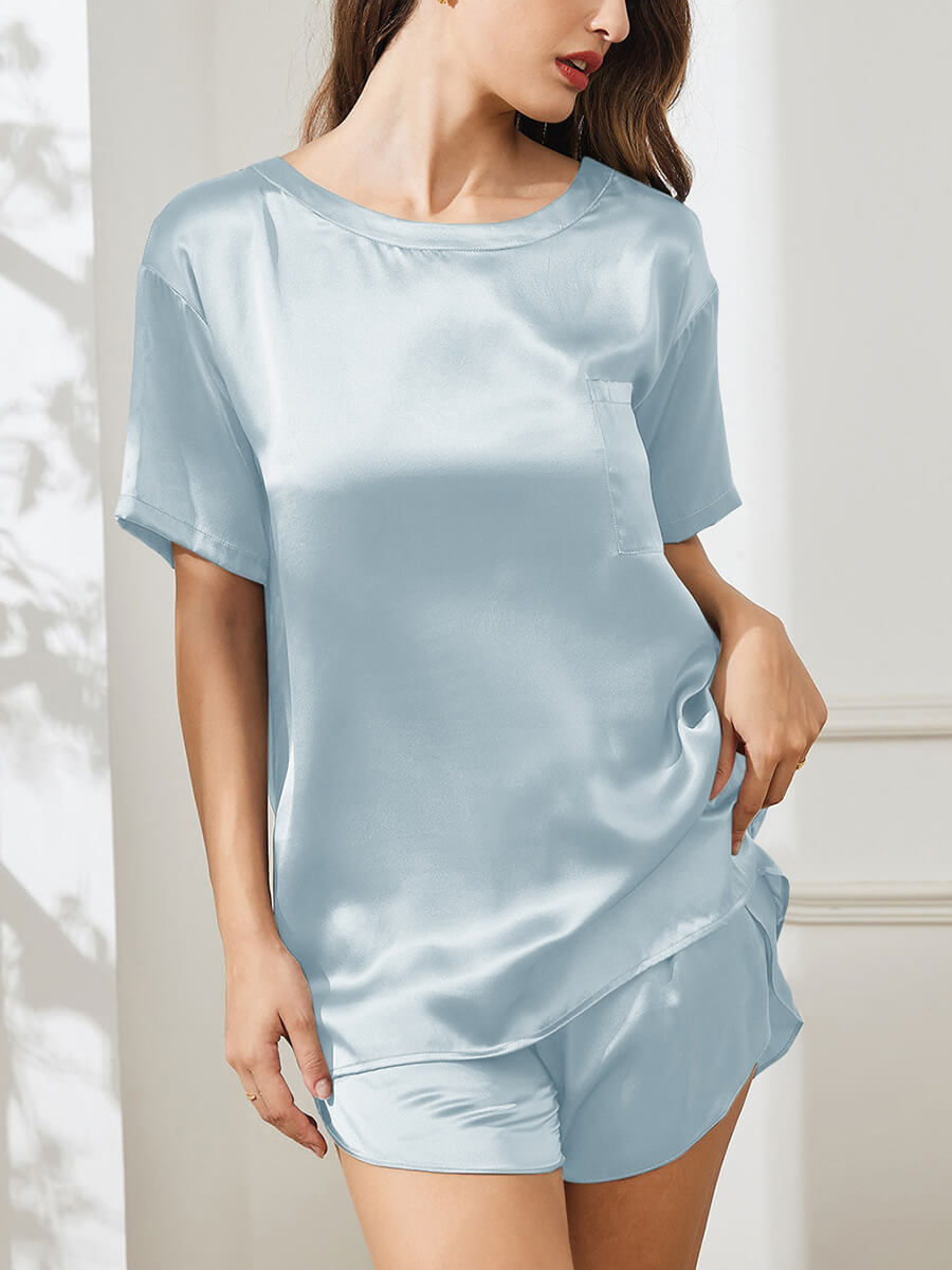 22 Momme Two-Piece Crewneck Silk T-Shirt and Pajama Shorts Set