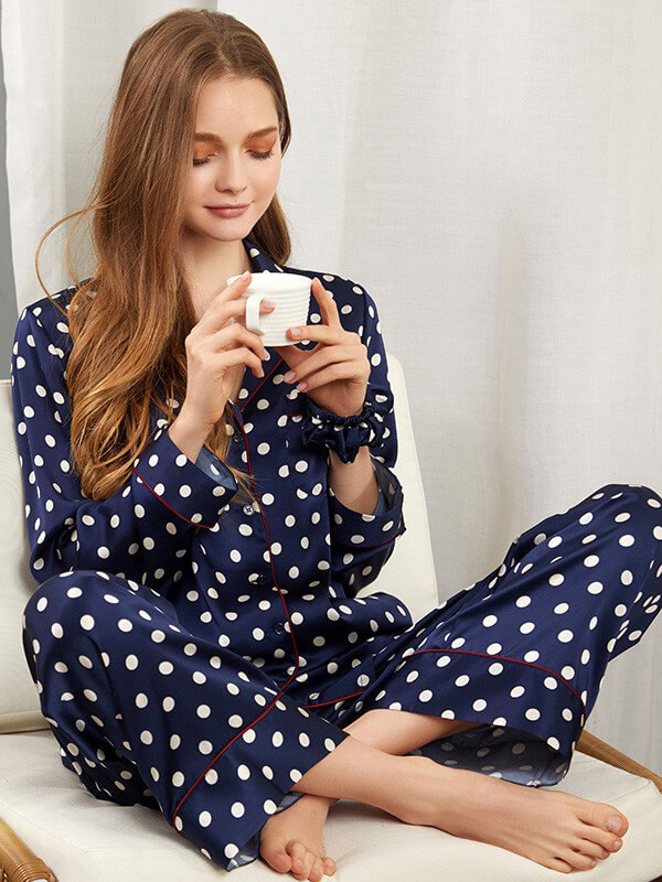 22 Momme Navy Blue Long Silk Pajama Set with Polka Dots Printing