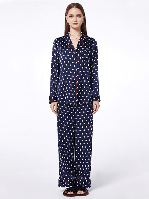 22 Momme Navy Blue Long Silk Pajama Set with Polka Dots Printing