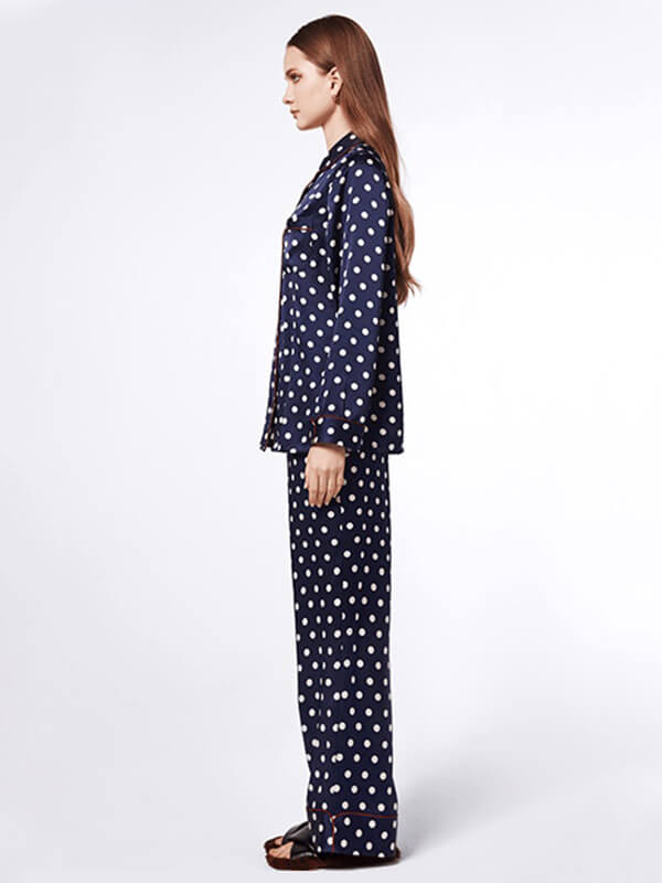 22 Momme Navy Blue Long Silk Pajama Set with Polka Dots Printing