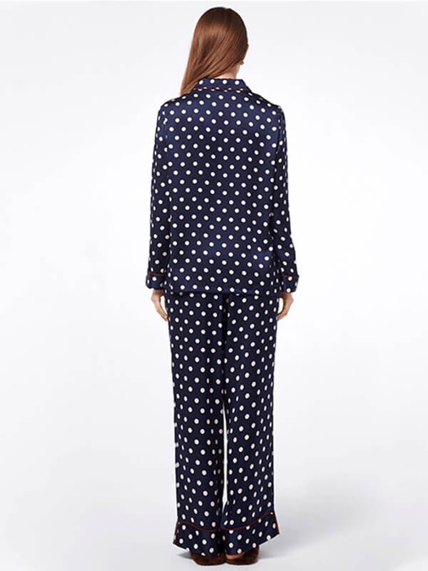 22 Momme Navy Blue Long Silk Pajama Set with Polka Dots Printing