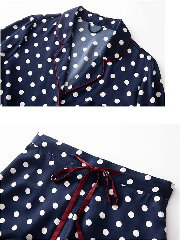 22 Momme Navy Blue Long Silk Pajama Set with Polka Dots Printing