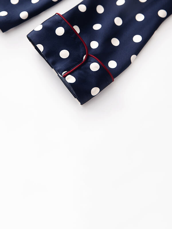 22 Momme Navy Blue Long Silk Pajama Set with Polka Dots Printing
