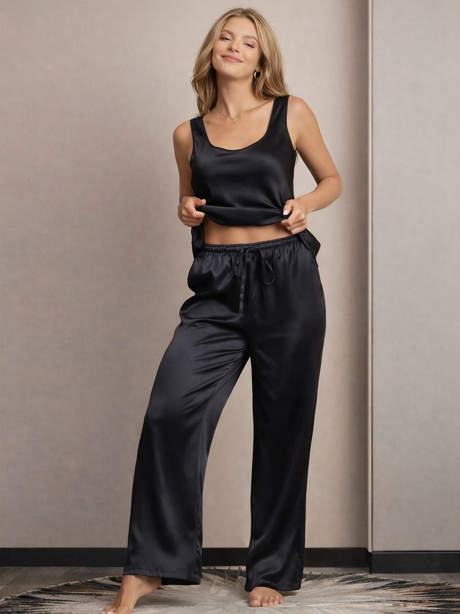 22 Momme Women Silk Pajamas Sleeveless Tank Top & Wide-Leg Pants