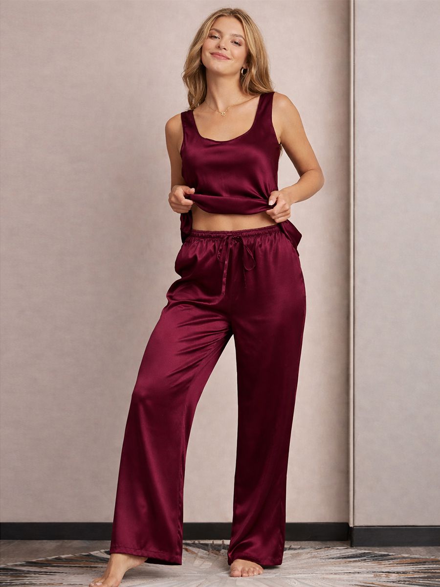22 Momme Women Silk Pajamas Sleeveless Tank Top & Wide-Leg Pants