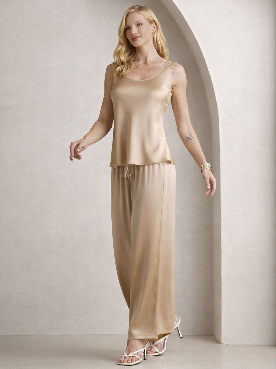 22 Momme Women Silk Pajamas Sleeveless Tank Top & Wide-Leg Pants