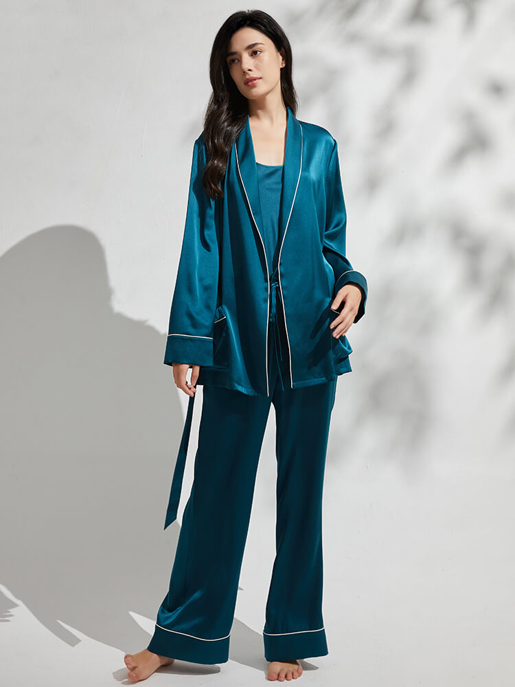 22 Momme 3 Piece Luxurious Long Silk Pajama Set For Women