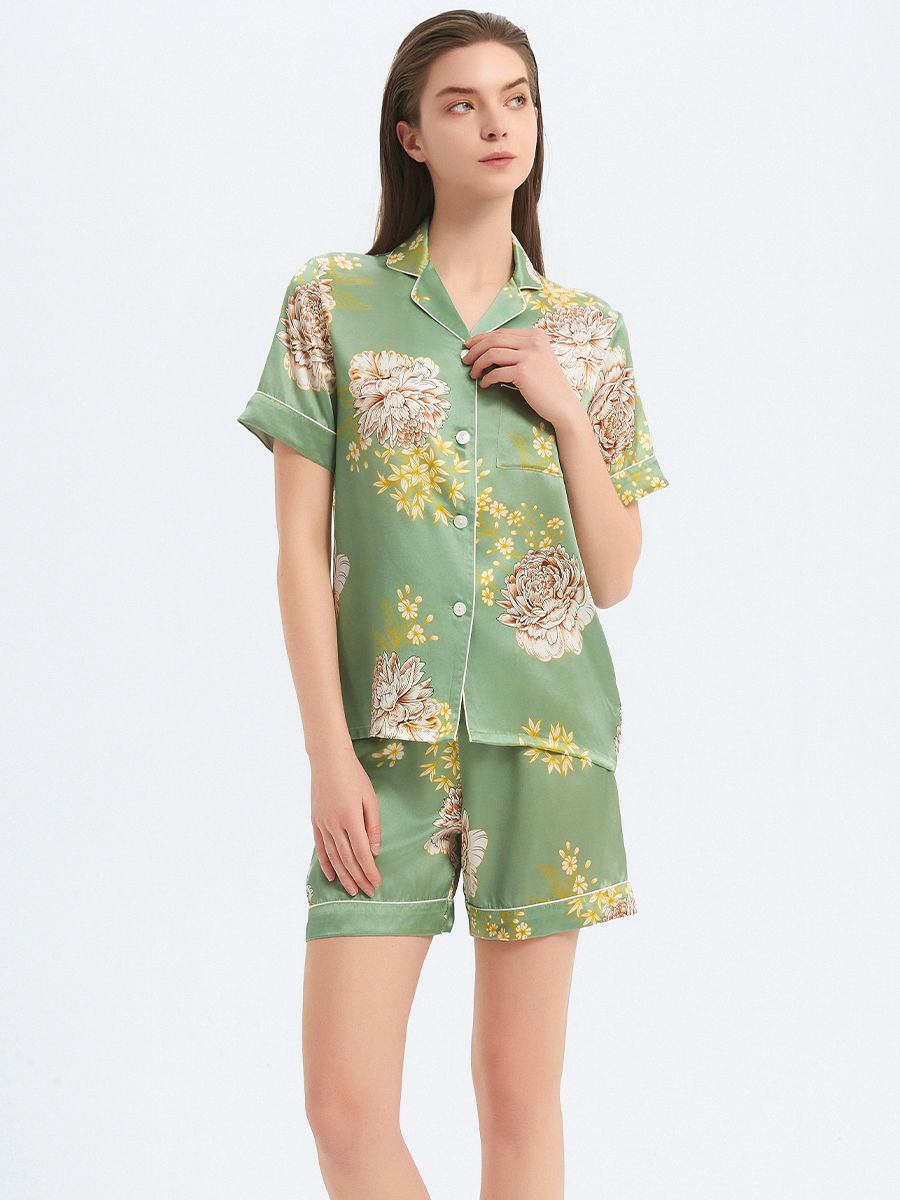 22 Momme Sage Green Floral Printed Women Silk Pajama Shorts Set
