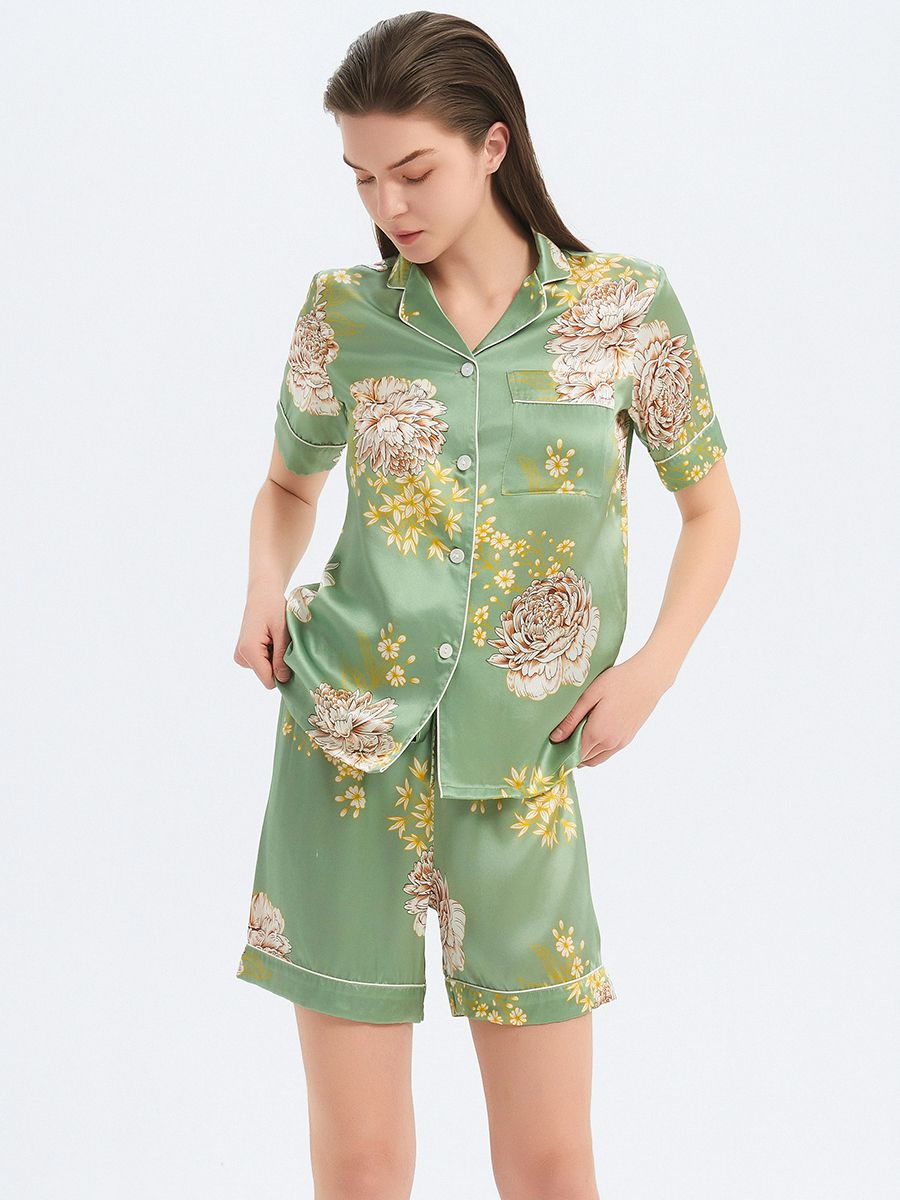 22 Momme Sage Green Floral Printed Women Silk Pajama Shorts Set
