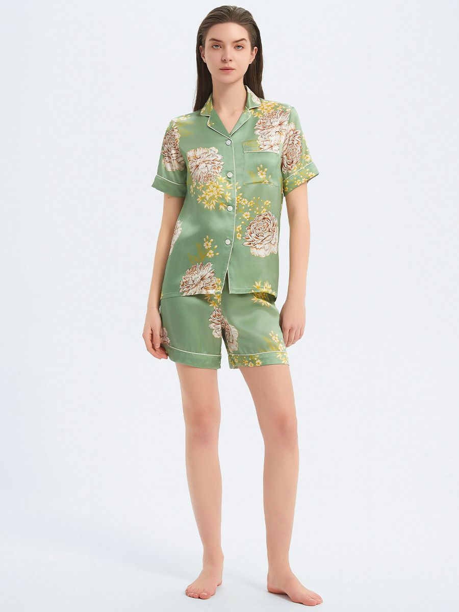 22 Momme Sage Green Floral Printed Women Silk Pajama Shorts Set